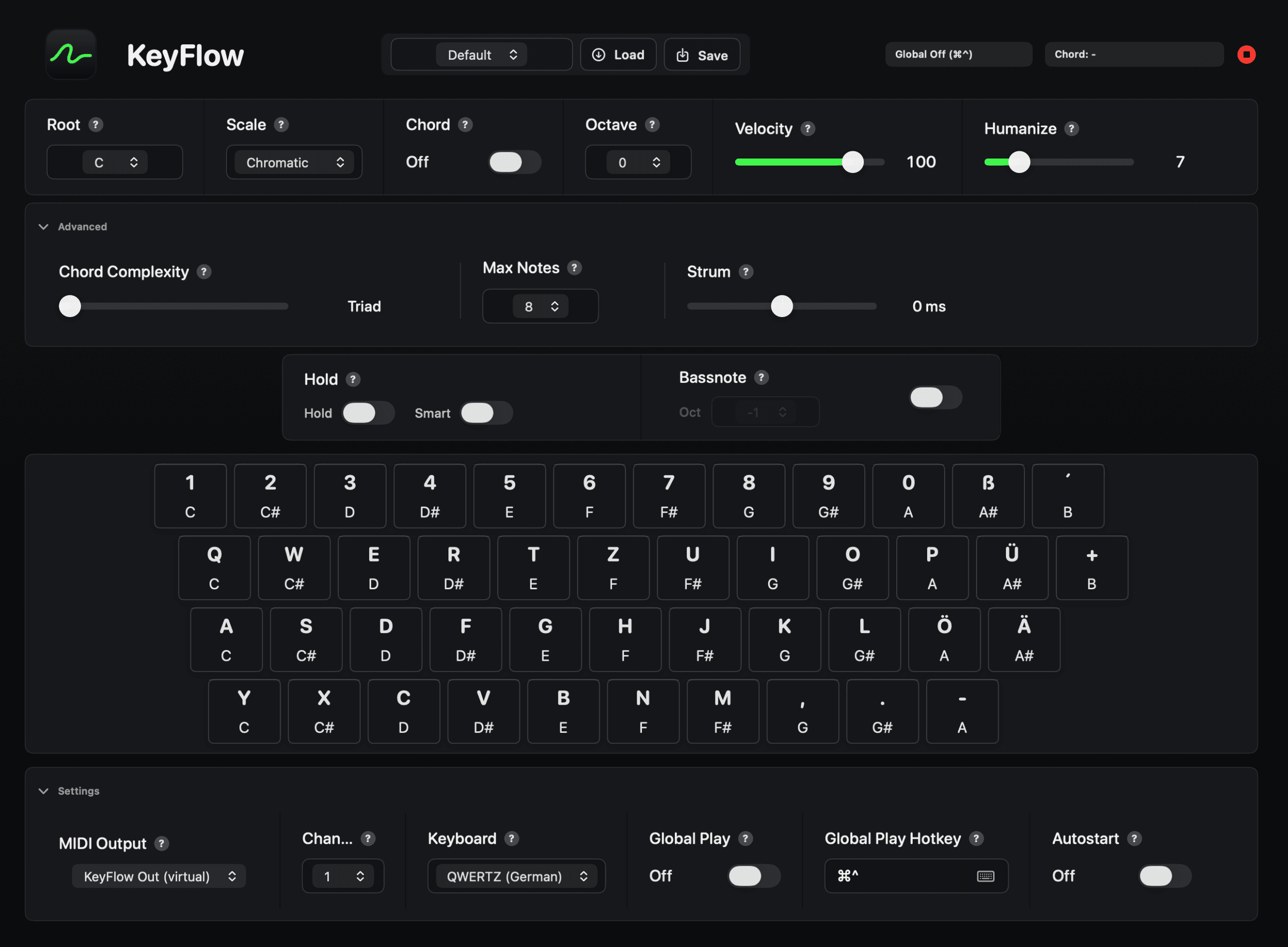 KeyFlow interface with scale, chord, velocity, humanize, and MIDI controls